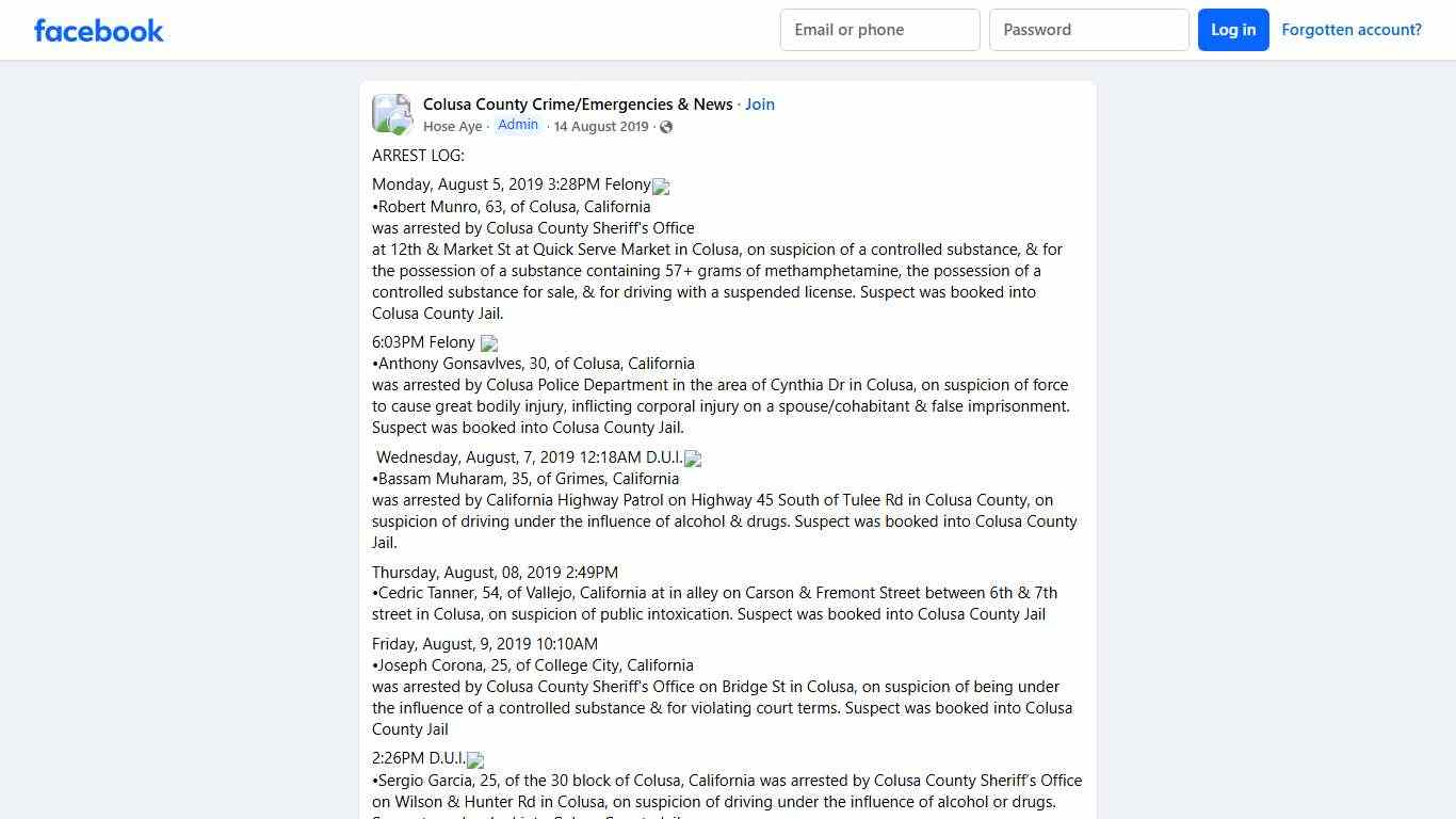 Colusa County Crime/Emergencies & News ARREST LOG: Facebook