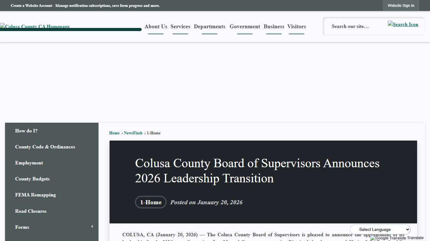 Colusa County Board of Supervisors Announces 2026 Leadership Transition • Colusa County, CA