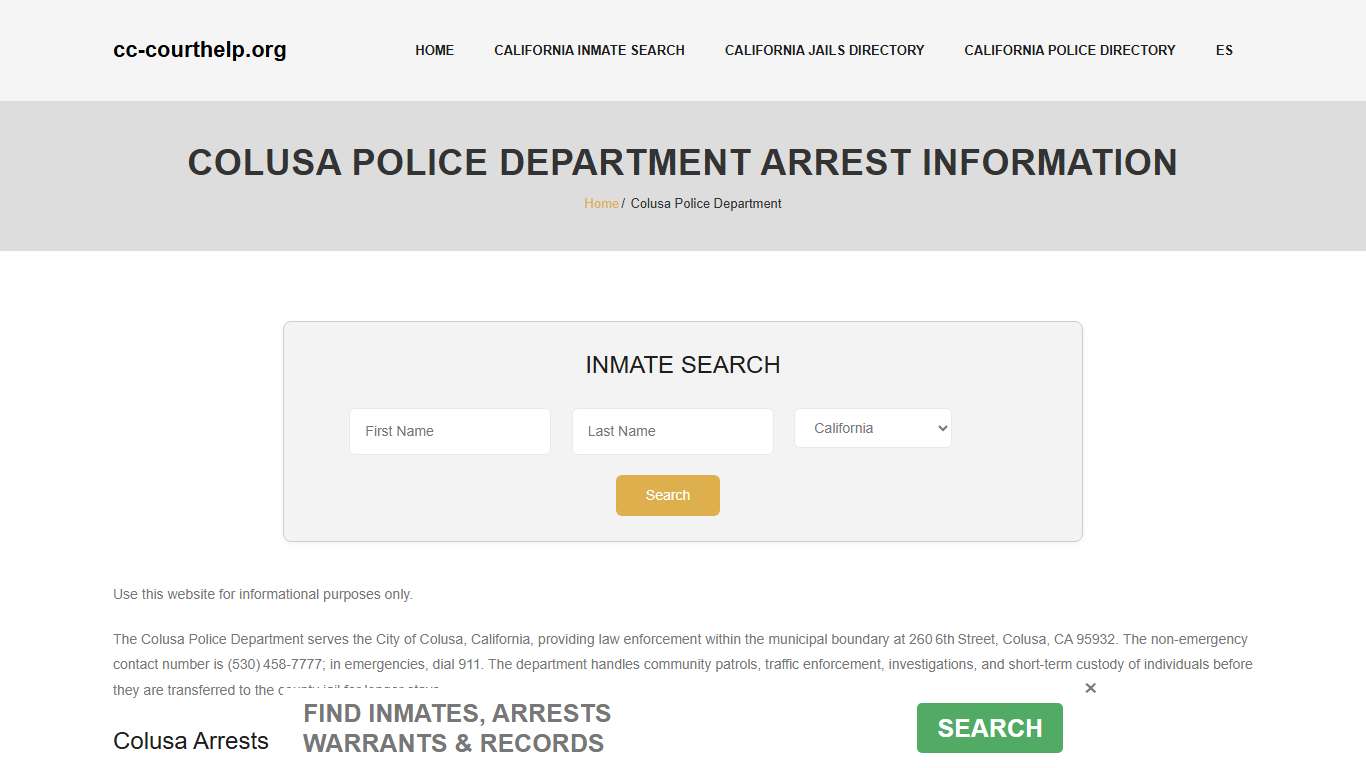 Colusa, CA PD Arrests, Jail Roster, Police Records Search